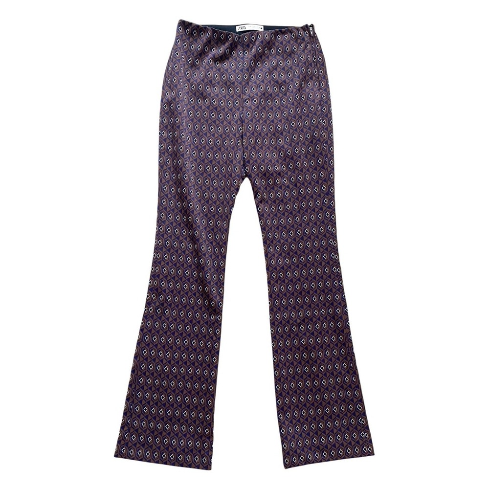 Zara Womens Pants Brown & Purple Diamond Pattern Stretch Flared Trousers Size S